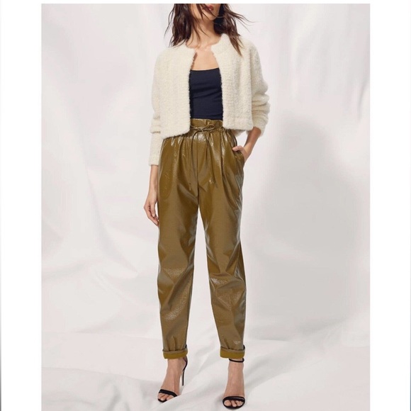 Aritzia Pants - Wilfred Jive Pant Faux Leather Olive Green High Waist Paperbag Trouser